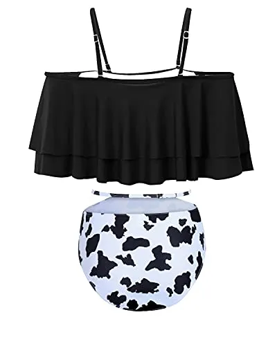 Removable Padded Off Shoulder Two Piece Bikini-Black And White Cow Pattern