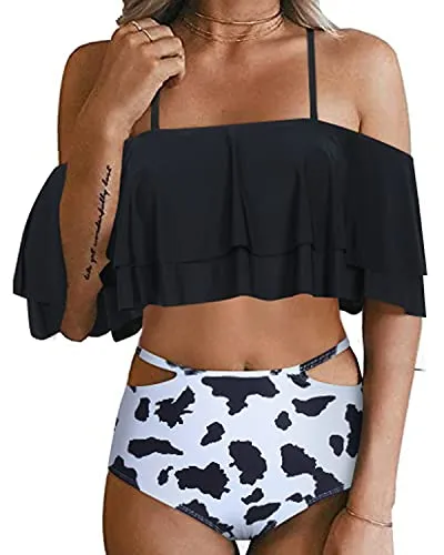Removable Padded Off Shoulder Two Piece Bikini-Black And White Cow Pattern