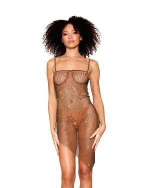 Rhinestone Embellished Fishnet Chemise with an Asymmetrical Hemline