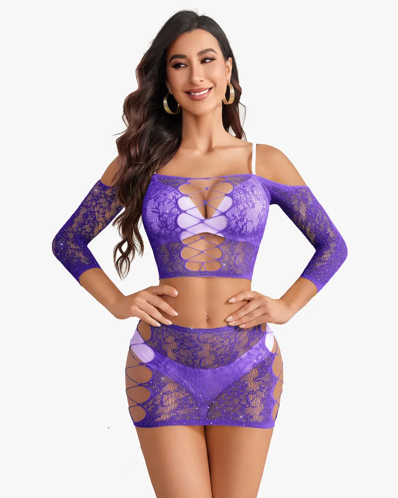 Rhinestone Fishnet Lingerie Sets