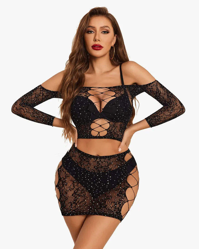 Rhinestone Fishnet Lingerie Sets
