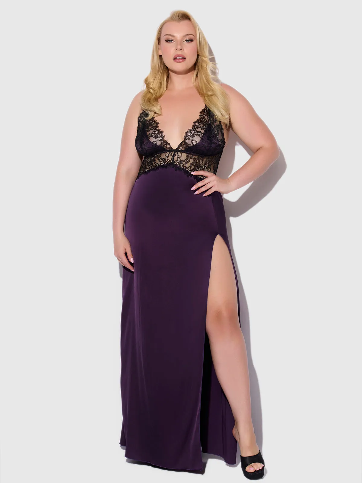 Rosalind Satin & Lace Long High Slit Gown