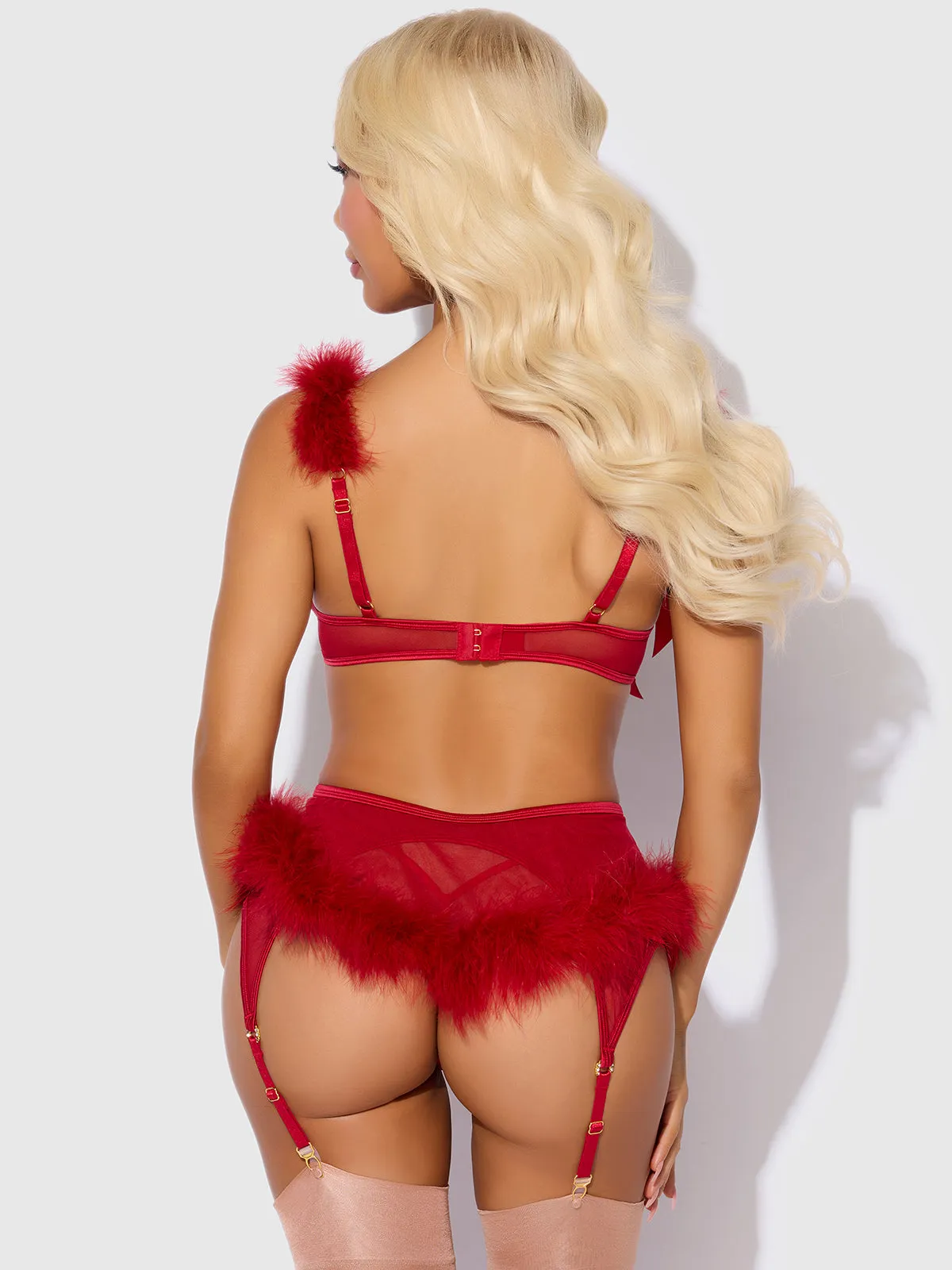 Scarlett Open Cup Marabou Bra, Garter & G-String Set