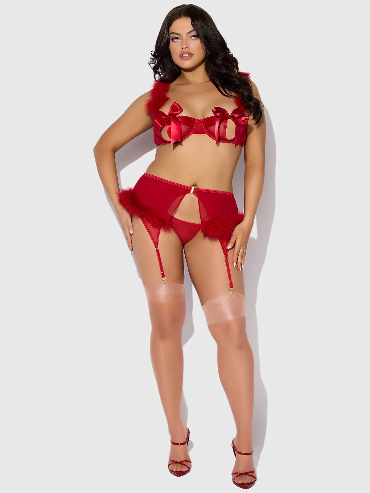 Scarlett Open Cup Marabou Bra, Garter & G-String Set