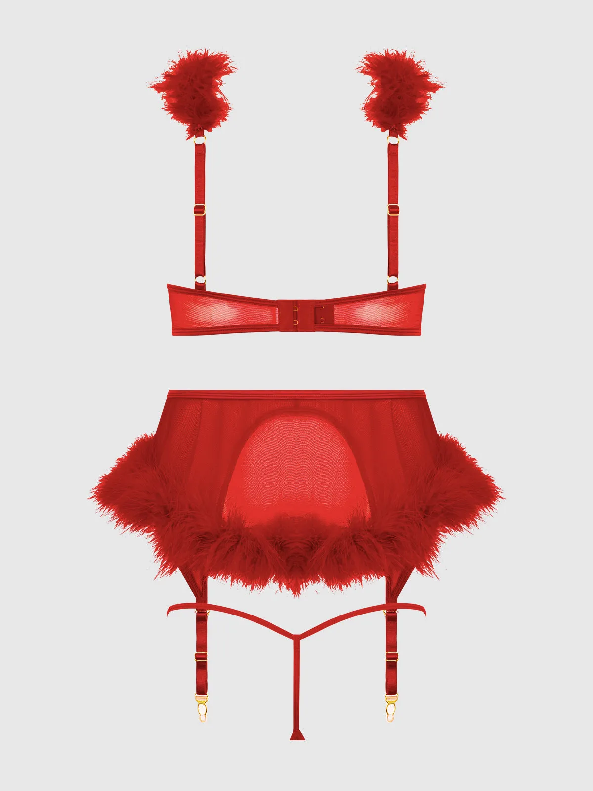 Scarlett Open Cup Marabou Bra, Garter & G-String Set