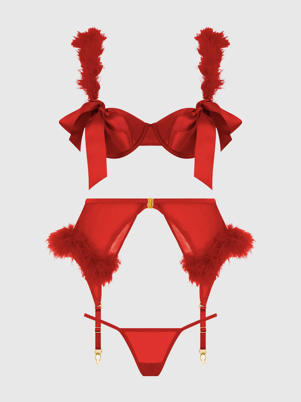 Scarlett Open Cup Marabou Bra, Garter & G-String Set