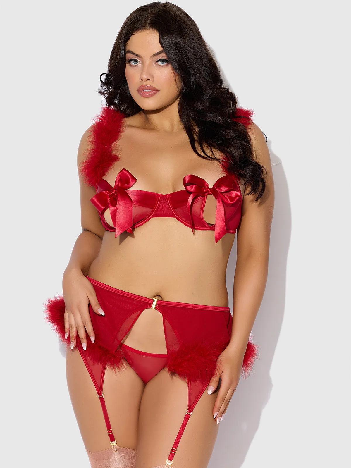 Scarlett Open Cup Marabou Bra, Garter & G-String Set