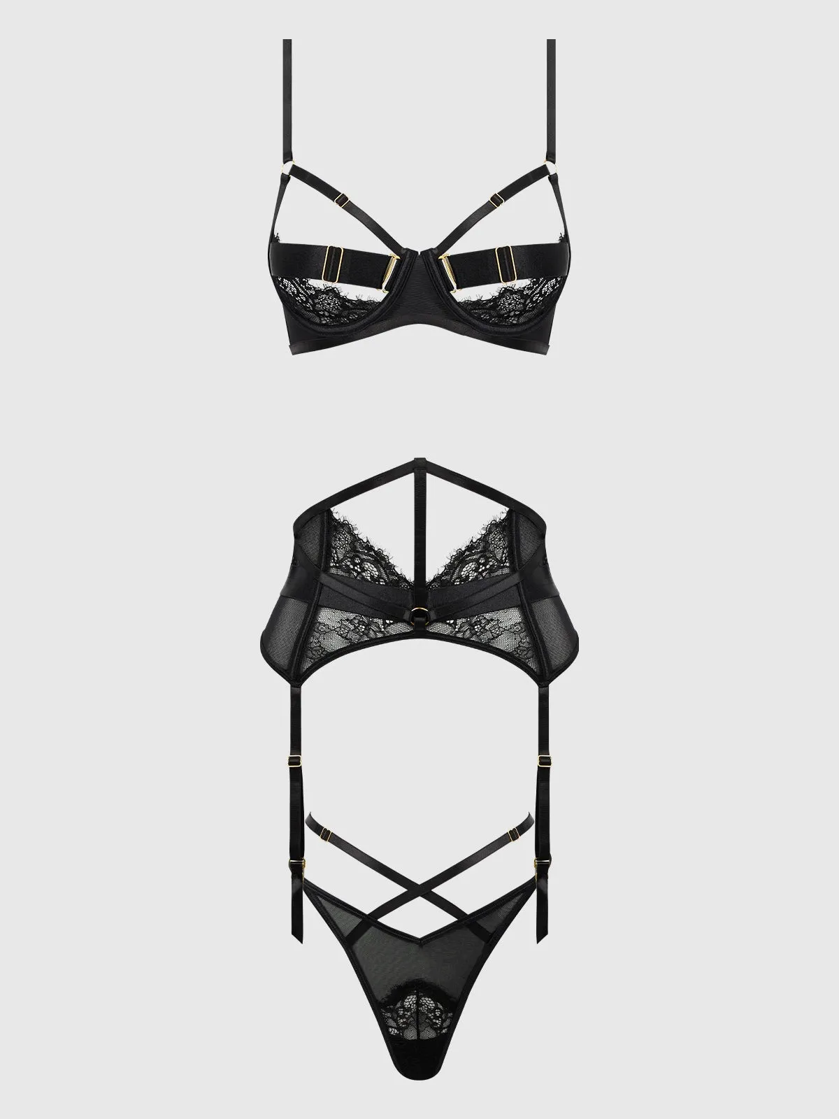 SIZES to 3/4X- Nadia Lace & Mesh Bra, Garter & G-String Set