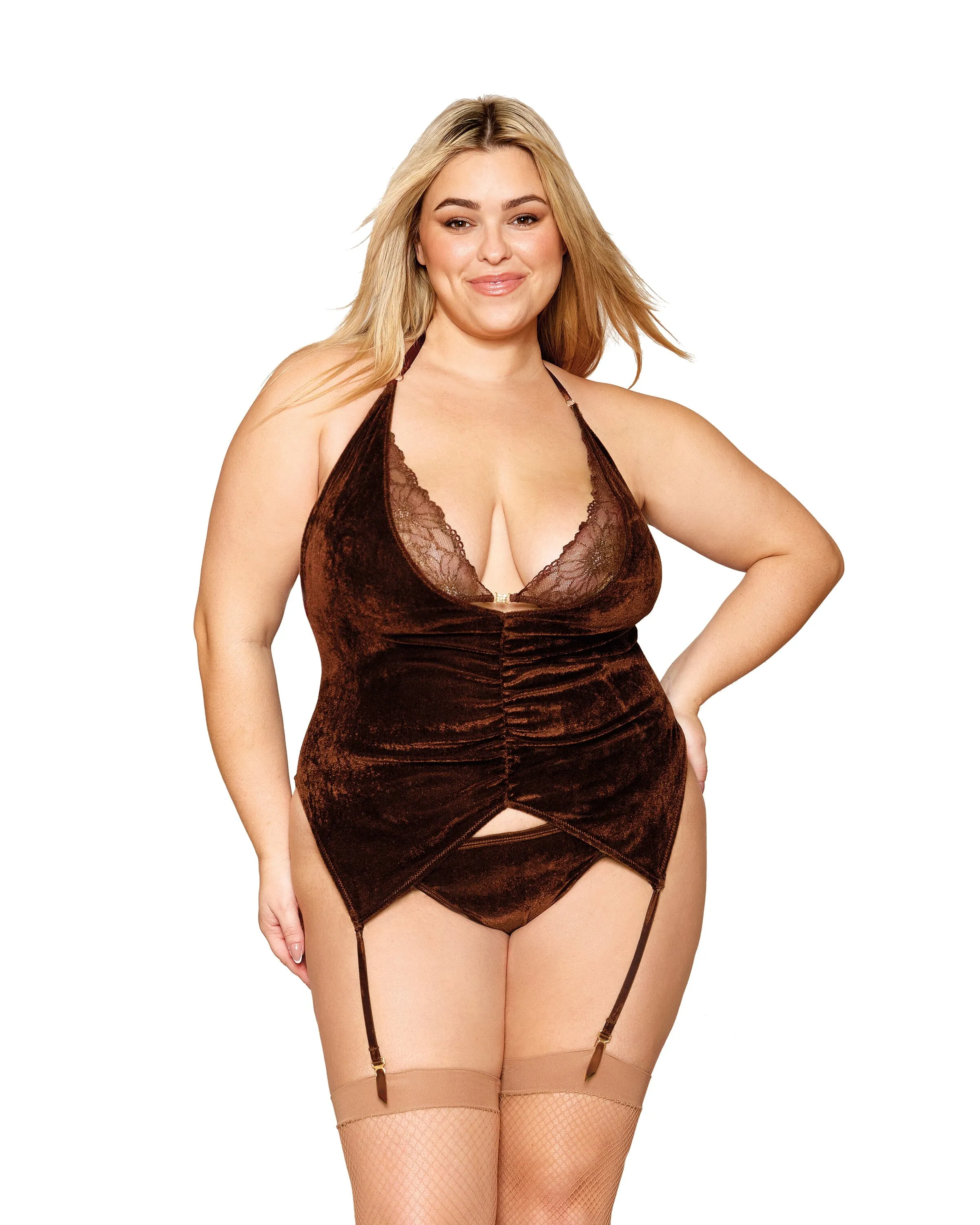 Stretch Velvet and Gold-foil Lace Short Garter Slip and G-string Set