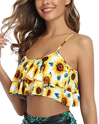 Sturdy Adjustable Bikini Top Flounce Swim Top-Yellow And Sunflower