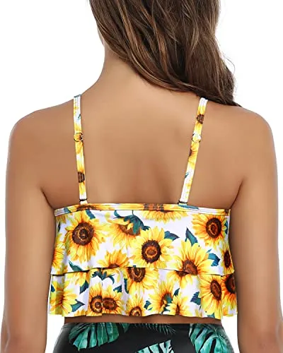Sturdy Adjustable Bikini Top Flounce Swim Top-Yellow And Sunflower