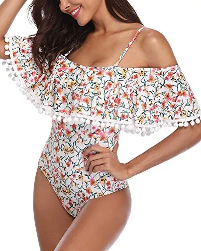 Tropical Long Torso One Piece Swimsuit Off Shoulder Women's Swimwear-White Floral