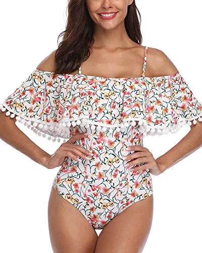 Tropical Long Torso One Piece Swimsuit Off Shoulder Women's Swimwear-White Floral