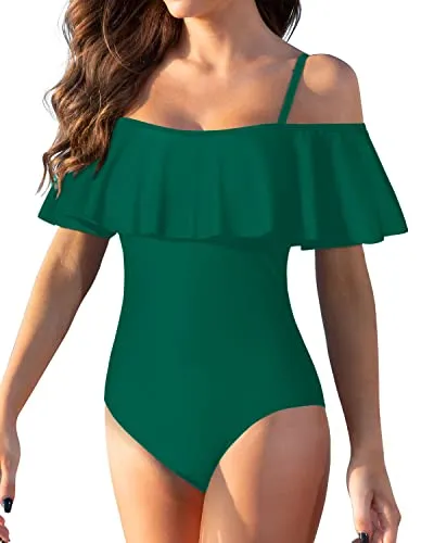Tummy Control Flounce Ruffled One Piece Swimsuit For Women-Emerald Green