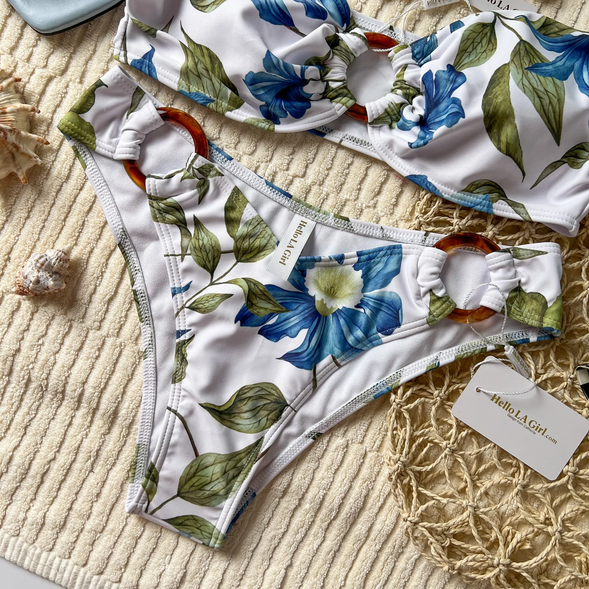 White Flowers Print Bandeau Bikini Set