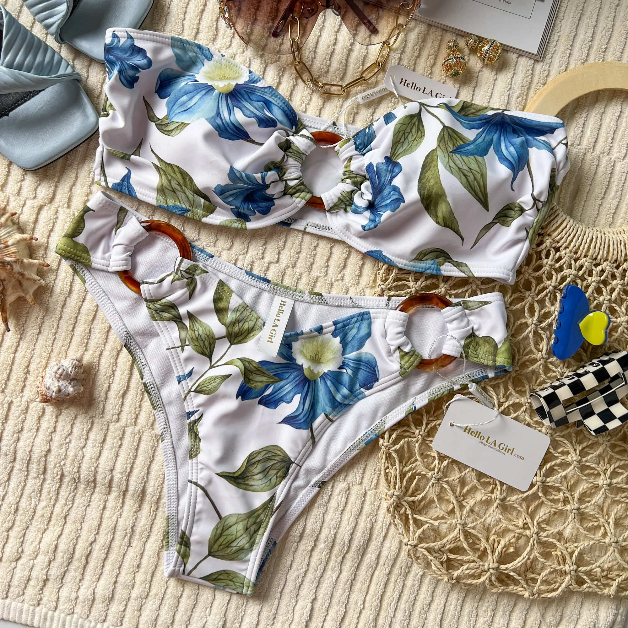 White Flowers Print Bandeau Bikini Set