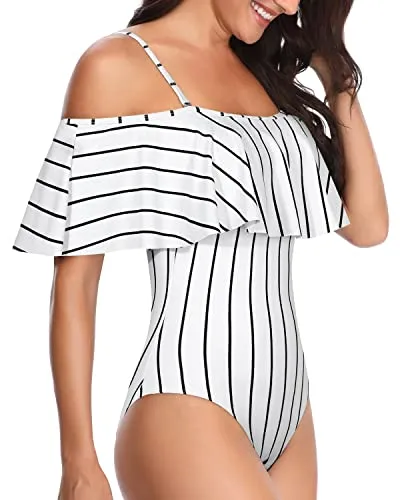 Women's Removable Straps Flounce Ruffle Swimsuit-White Stripe