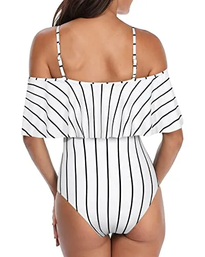 Women's Removable Straps Flounce Ruffle Swimsuit-White Stripe