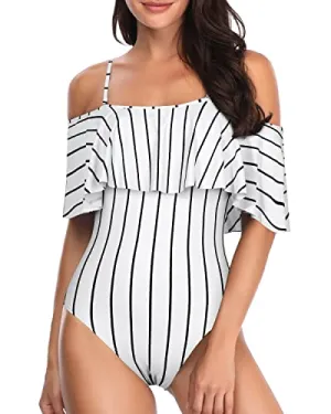 Women's Removable Straps Flounce Ruffle Swimsuit-White Stripe